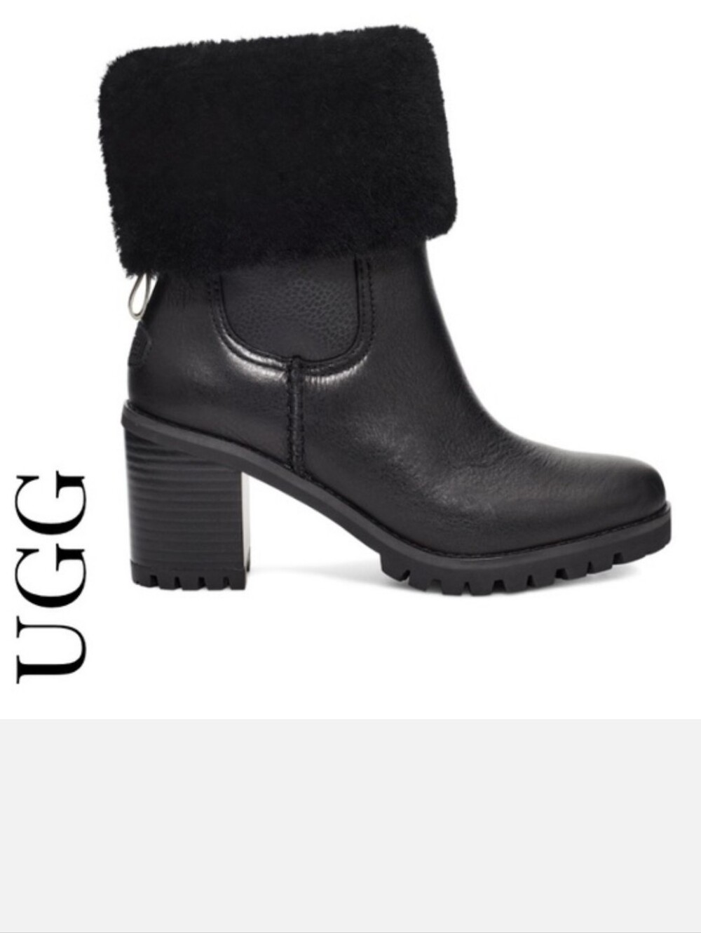 UGG Lupine Black Leather Shearling-Cuff Block Heel Ankle Boots Size 6.5